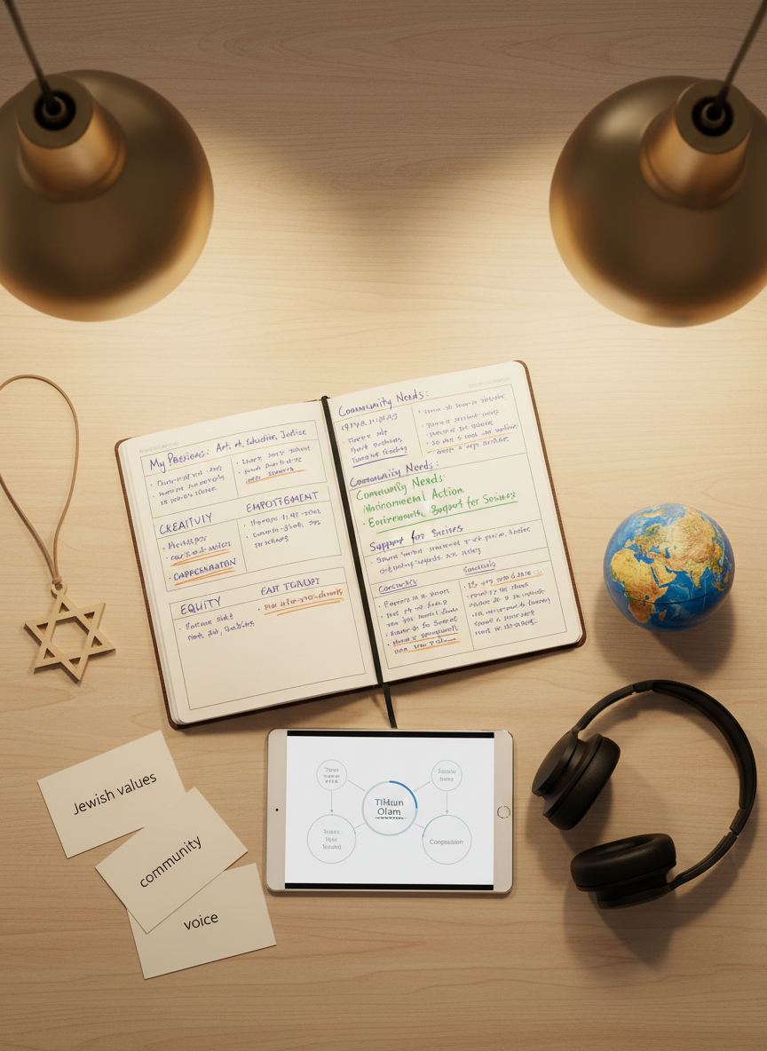 A close-up, overhead view of a beautifully curated “identity and impact” workspace on a smooth, light wood table. At the center lies an open notebook with crisp pages filled with neatly written reflections about personal passions and community needs, highlighted in different colors. Surrounding it are symbolic objects: a simple wooden Star of David pendant, a small globe with rich blue oceans, a pair of noise-canceling headphones, and printed cards labeled “Jewish values,” “community,” and “voice.” A slim tablet displays a minimalist infographic about Tikkun Olam. Soft, warm pendant lighting from above creates gentle, focused pools of light and delicate shadows, setting a contemplative yet modern mood. Photographic realism, top-down composition with balanced negative space, emphasizing clarity, intention, and the intersection of identity and service, with no people visible.